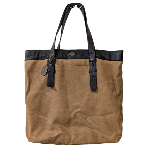 Fossil Authentic Classic Waxed Canvas and Leather Medium Tote Bag - Brown & Tan - Picture 1 of 12